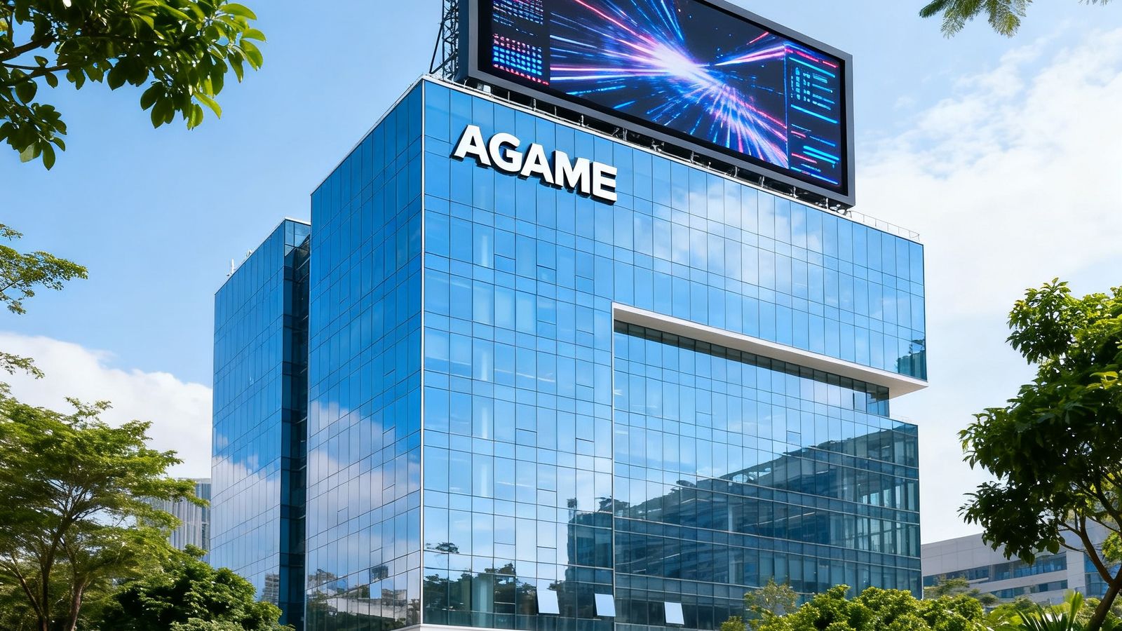 AGGAME集团位于深圳科技园的总部大厦外观，现代化玻璃幕墙建筑，楼顶设有大型LED测试屏幕，周围绿植环绕