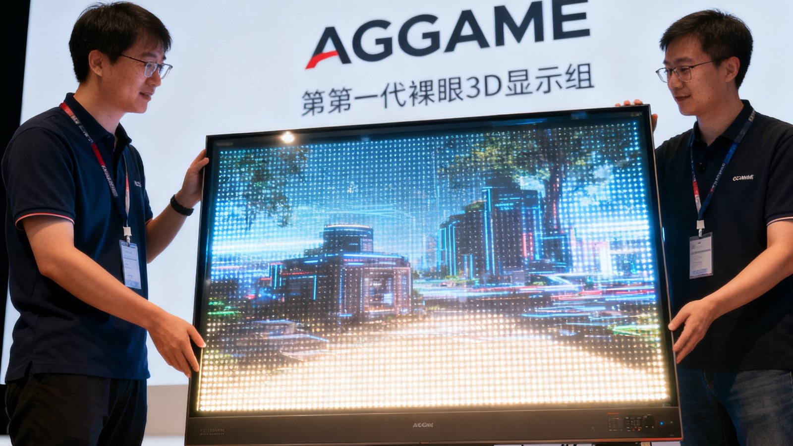 AGGAME技术团队在发布会上展示第五代裸眼3D显示模组的实拍照片，模组点亮后呈现高亮度高对比度画面