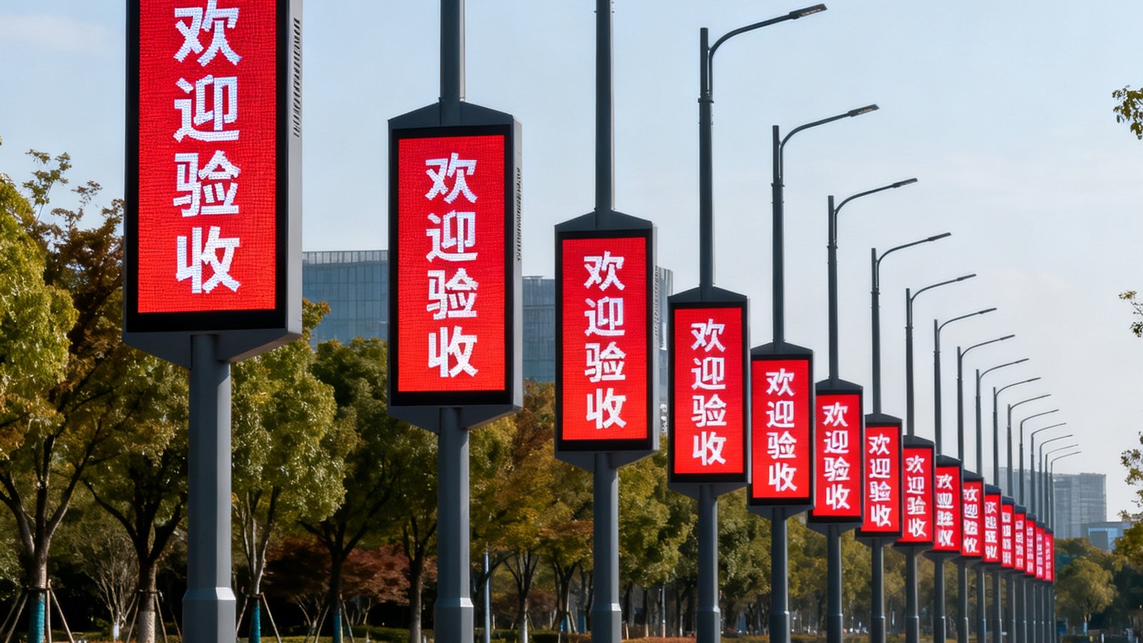杭州滨江区智慧灯杆屏三期项目验收现场，一排整齐的灯杆屏同步显示欢迎标语
