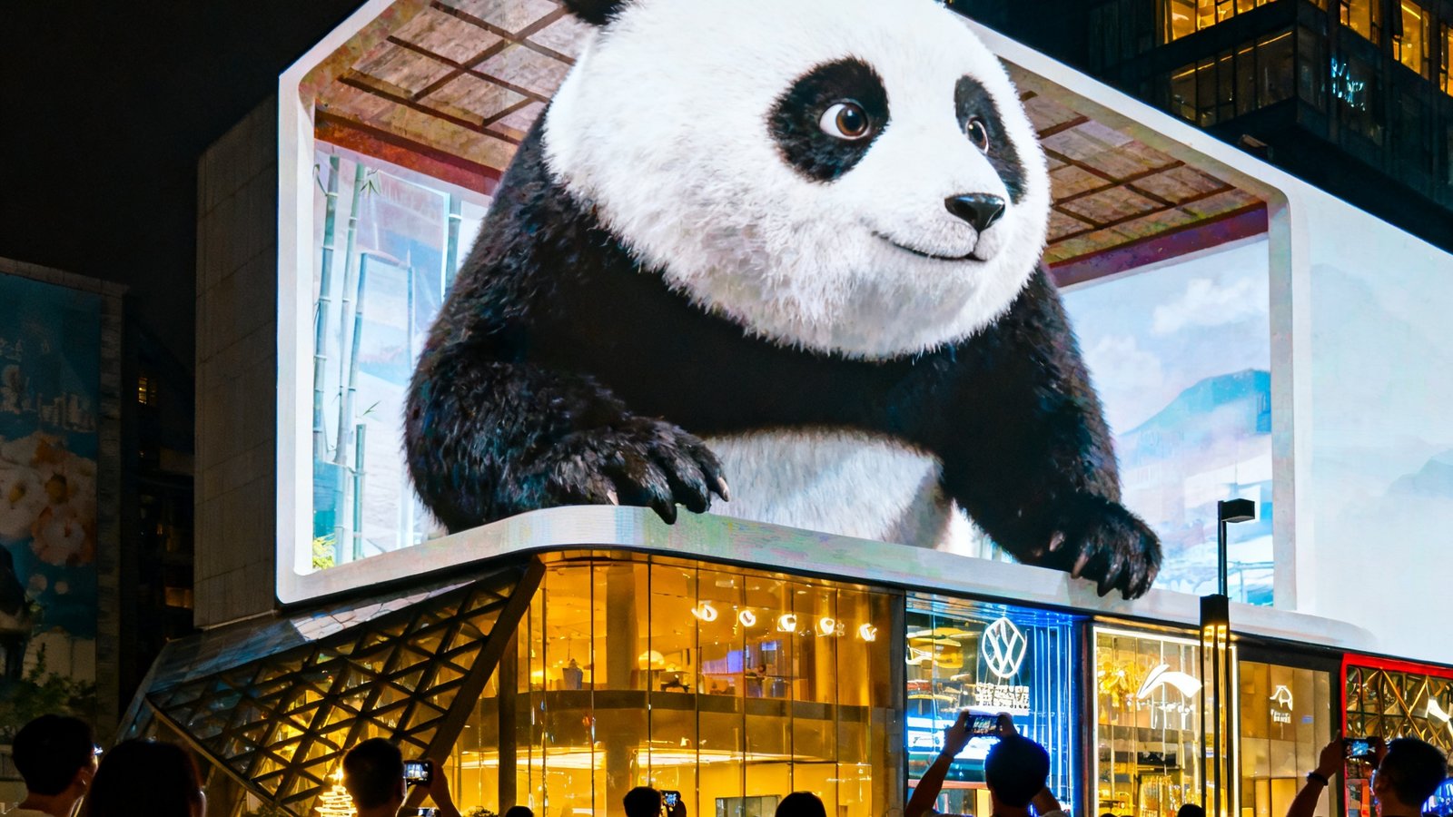 成都春熙路太古里商圈裸眼3D大屏夜景实拍，曲面LED屏幕播放巨型熊猫3D动画，吸引大量游客驻足拍照