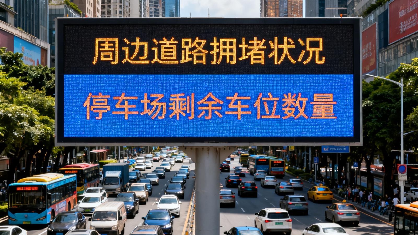 广州天河路与体育东路交叉口的大型交通诱导屏，实时显示周边道路拥堵状况和停车场剩余车位数量