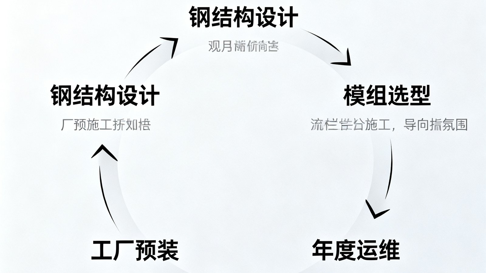AGGAME全周期服务流程示意图，展示从需求沟通、钢结构设计、模组选型、工厂预装、现场施工到年度运维的六个阶段循环