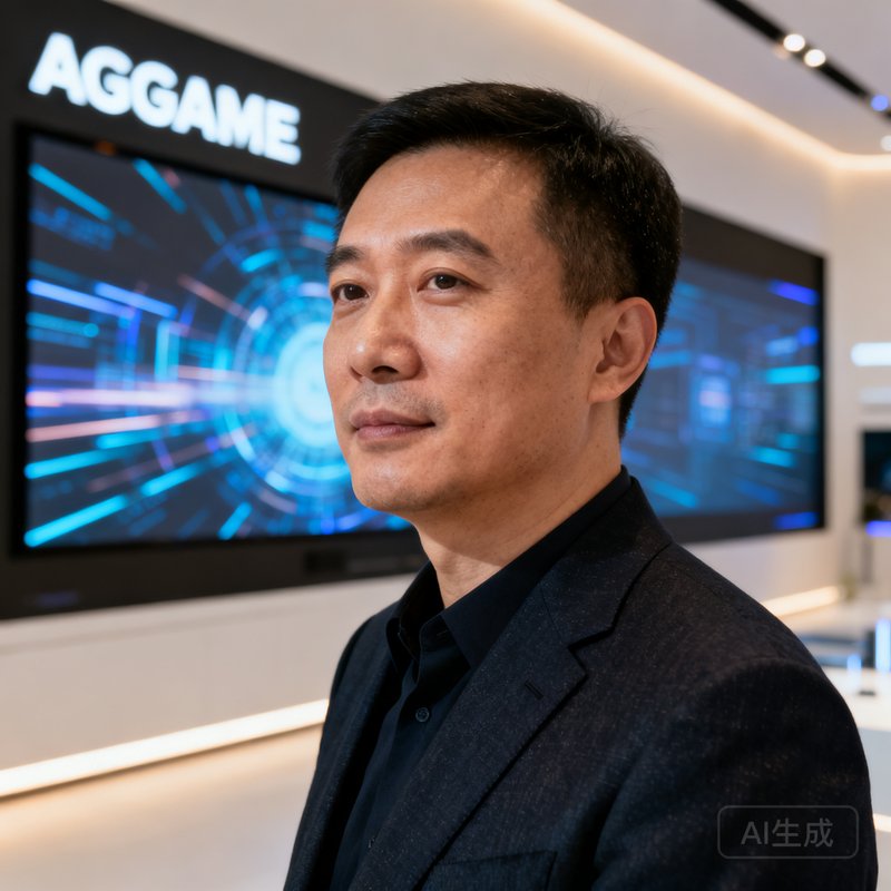 AGGAME创始人兼CEO周明远的半身肖像照，身着深色西装，背景为公司展厅内的裸眼3D大屏