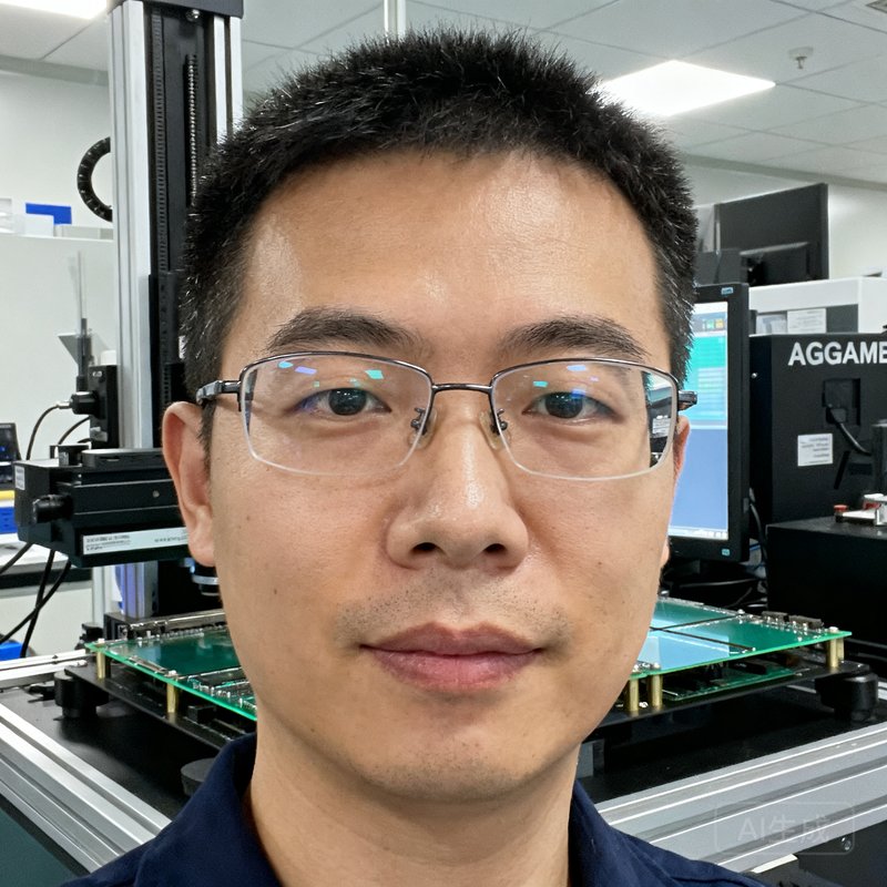AGGAME技术总监陈旭的头像，戴着眼镜，背景为实验室内的显示模组测试台