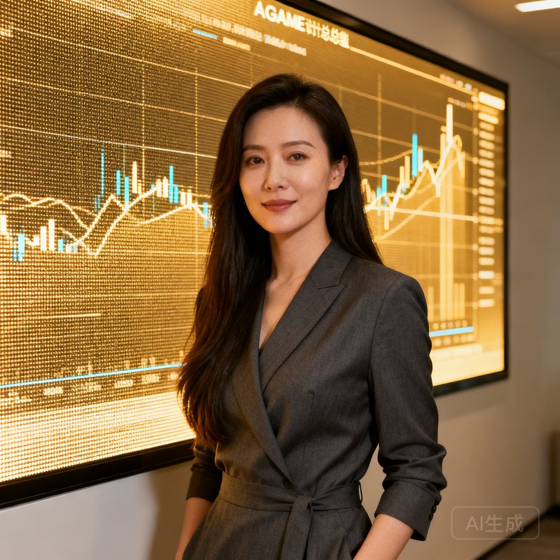 AGGAME设计总监林薇的肖像，长发披肩，站在一面LED显示墙前方