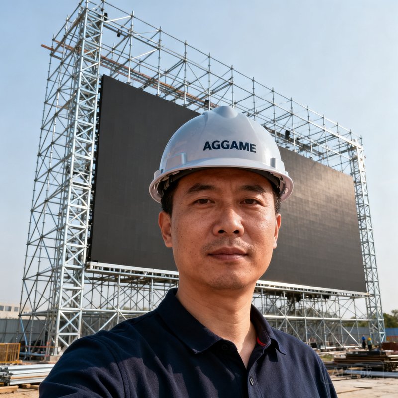 AGGAME工程总监张海峰在项目现场戴着安全帽的照片，背景是正在安装的大型LED屏幕钢结构框架